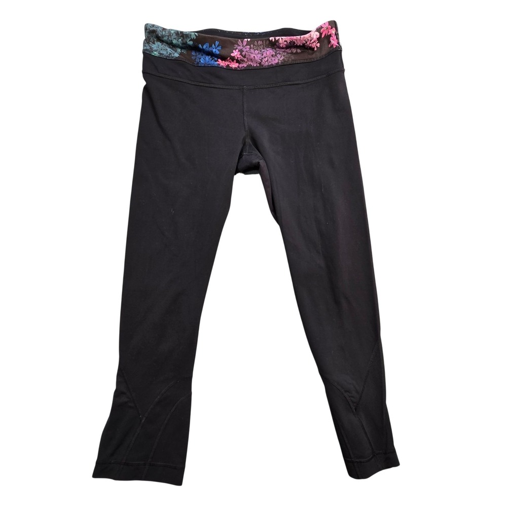 Lululemon Leggings Womens 6 Black Ankle Foldover Floral Waist Zip Pocket